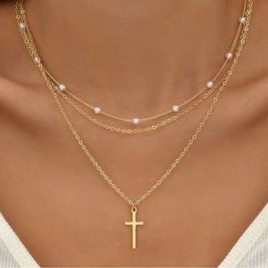 #128 Goldtone 3 piece necklace with cross